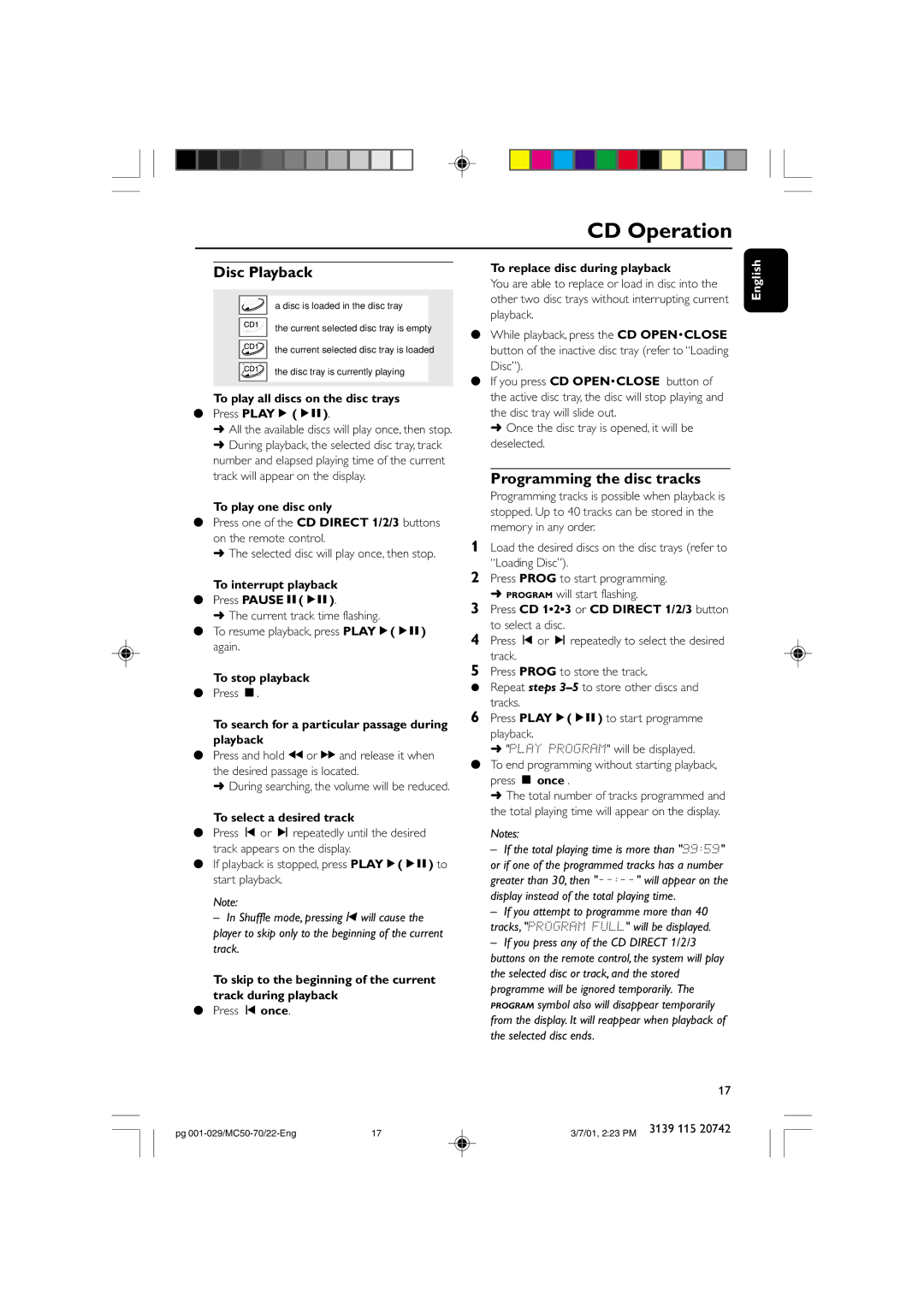 Philips MC-70 manual Disc Playback, Programming the disc tracks 