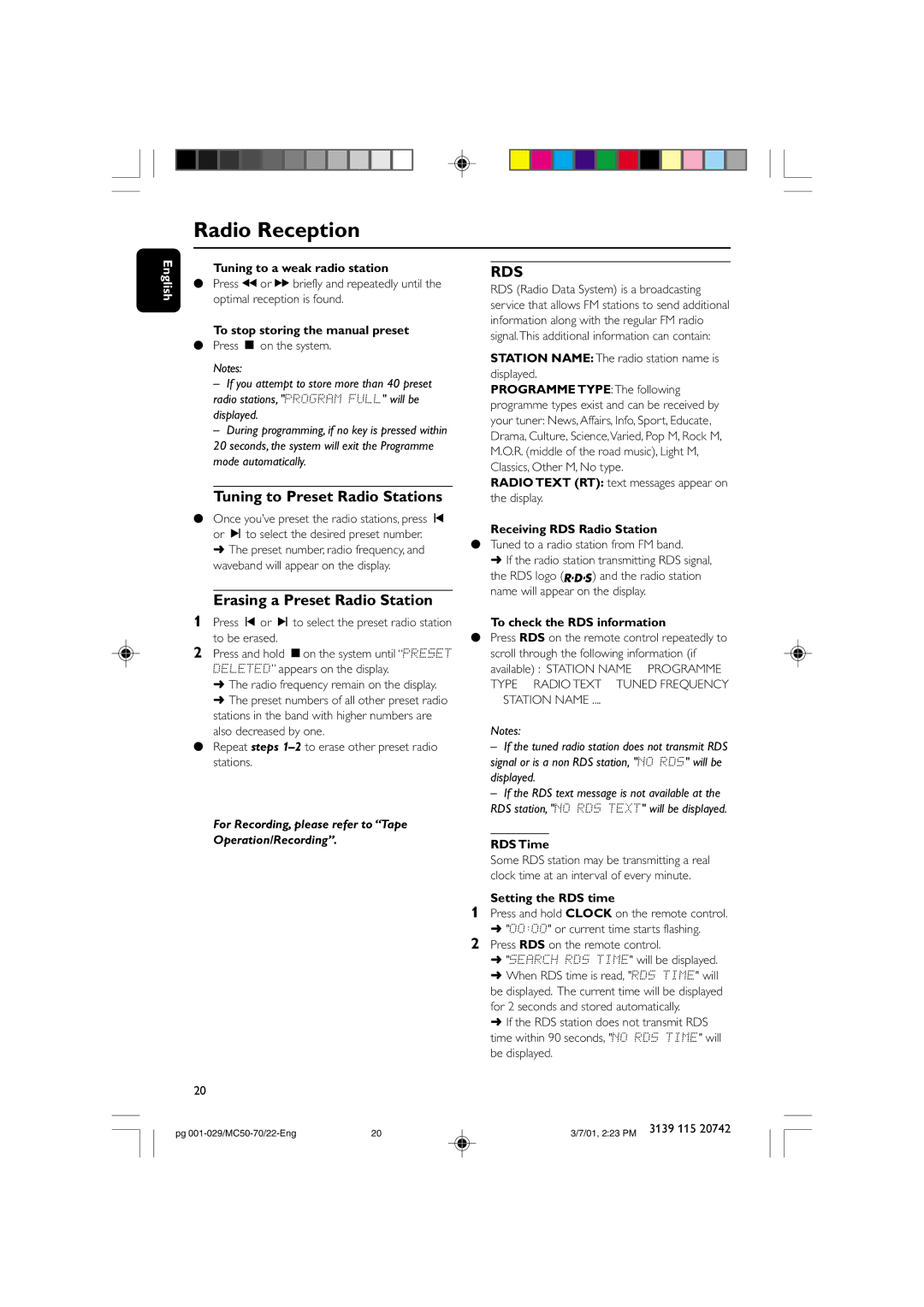 Philips MC-70 manual Tuning to Preset Radio Stations, Erasing a Preset Radio Station 