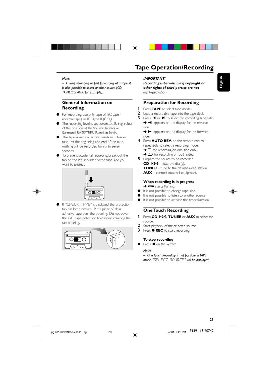 Philips MC-70 manual General Information on Recording, Preparation for Recording, One Touch Recording 