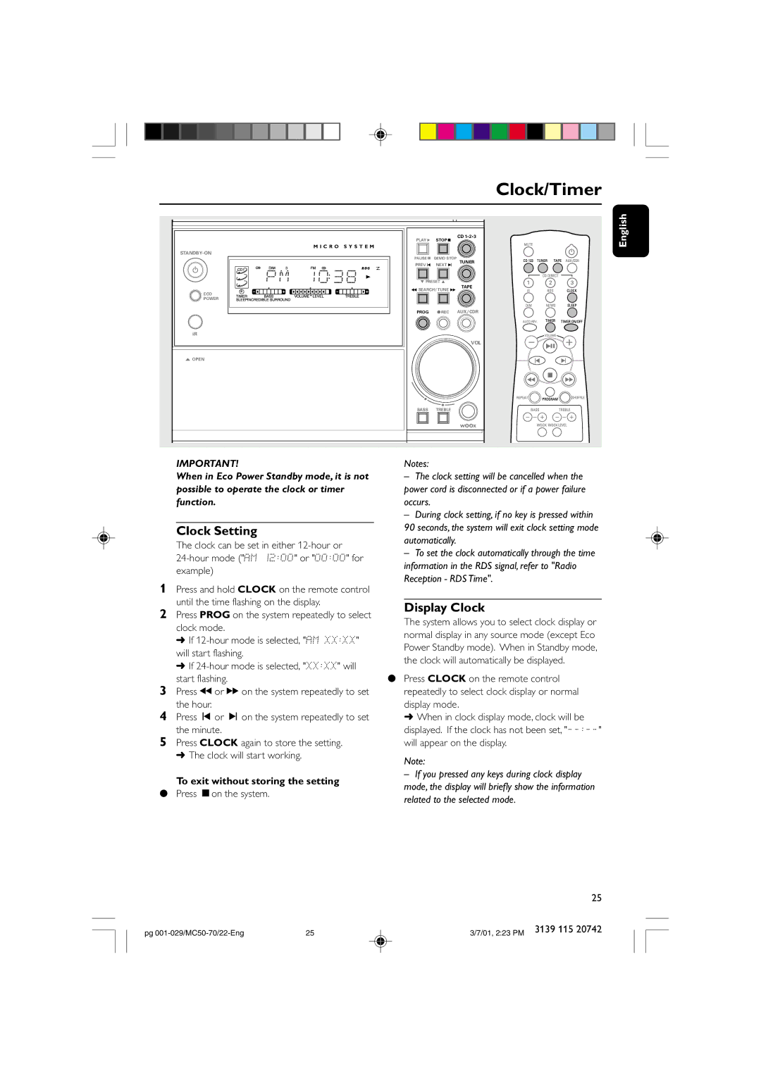 Philips MC-70 manual Display Clock, Possible to operate the clock or timer, Function, To exit without storing the setting 