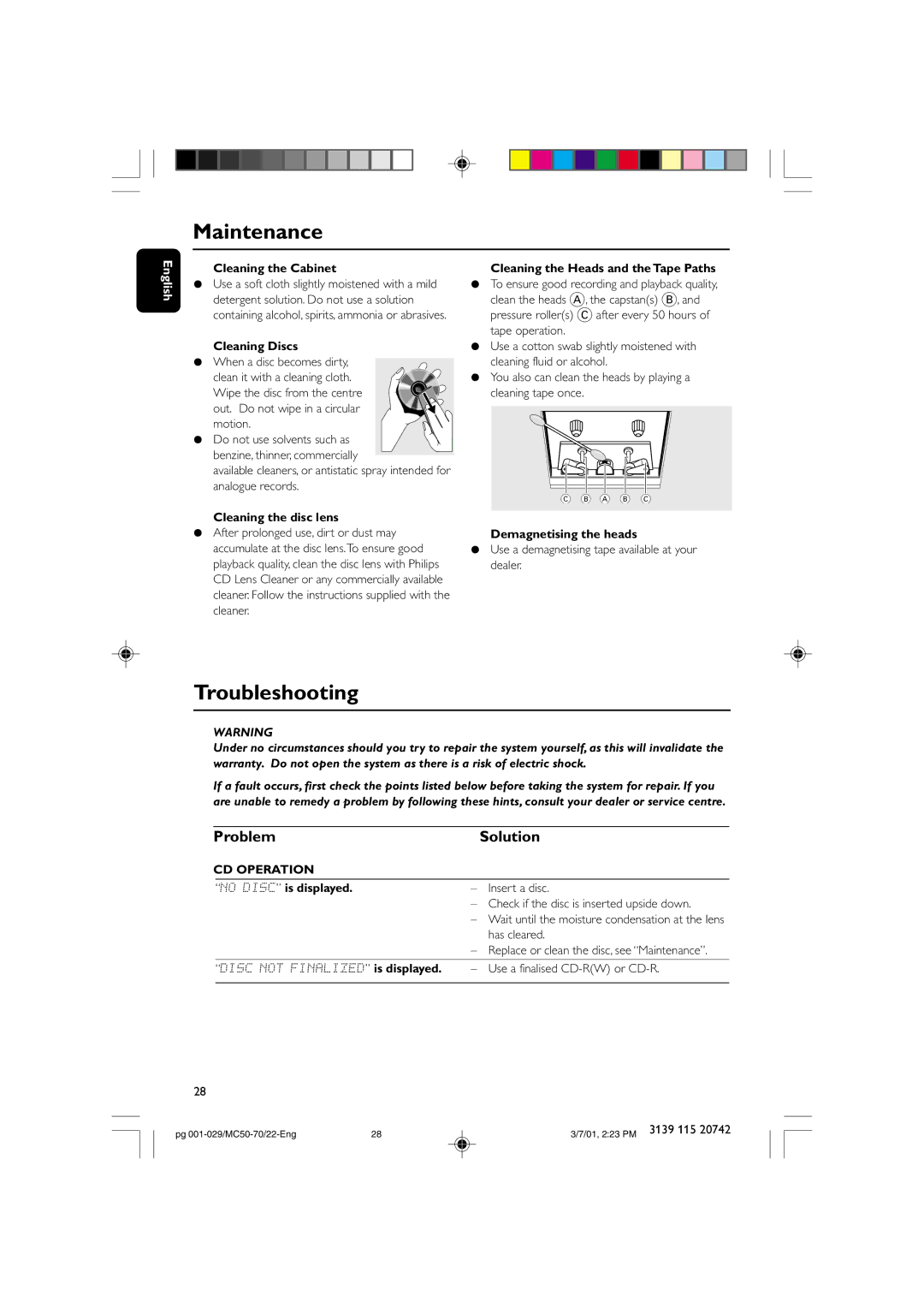 Philips MC-70 manual Maintenance, Troubleshooting, Problem Solution, CD Operation 