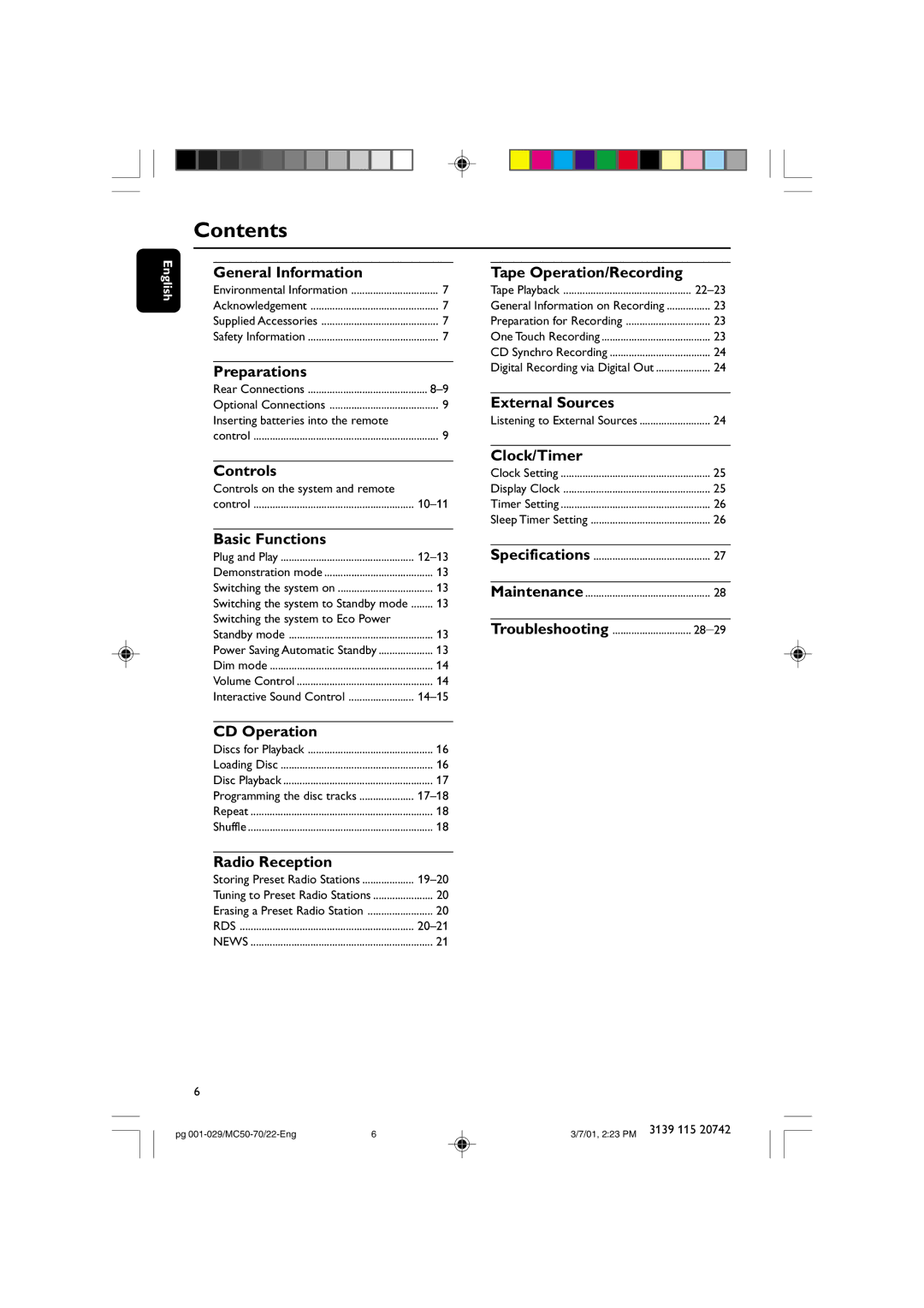 Philips MC-70 manual Contents 