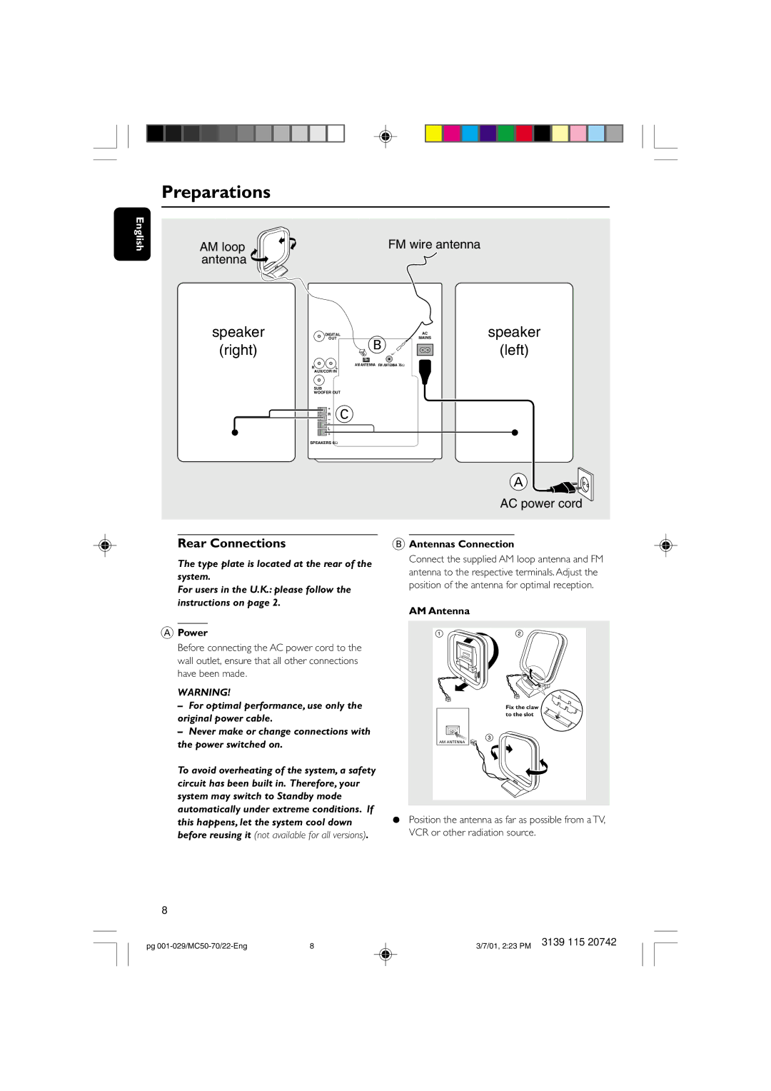 Philips MC-70 manual Preparations, Rear Connections, For optimal performance, use only the original power cable 