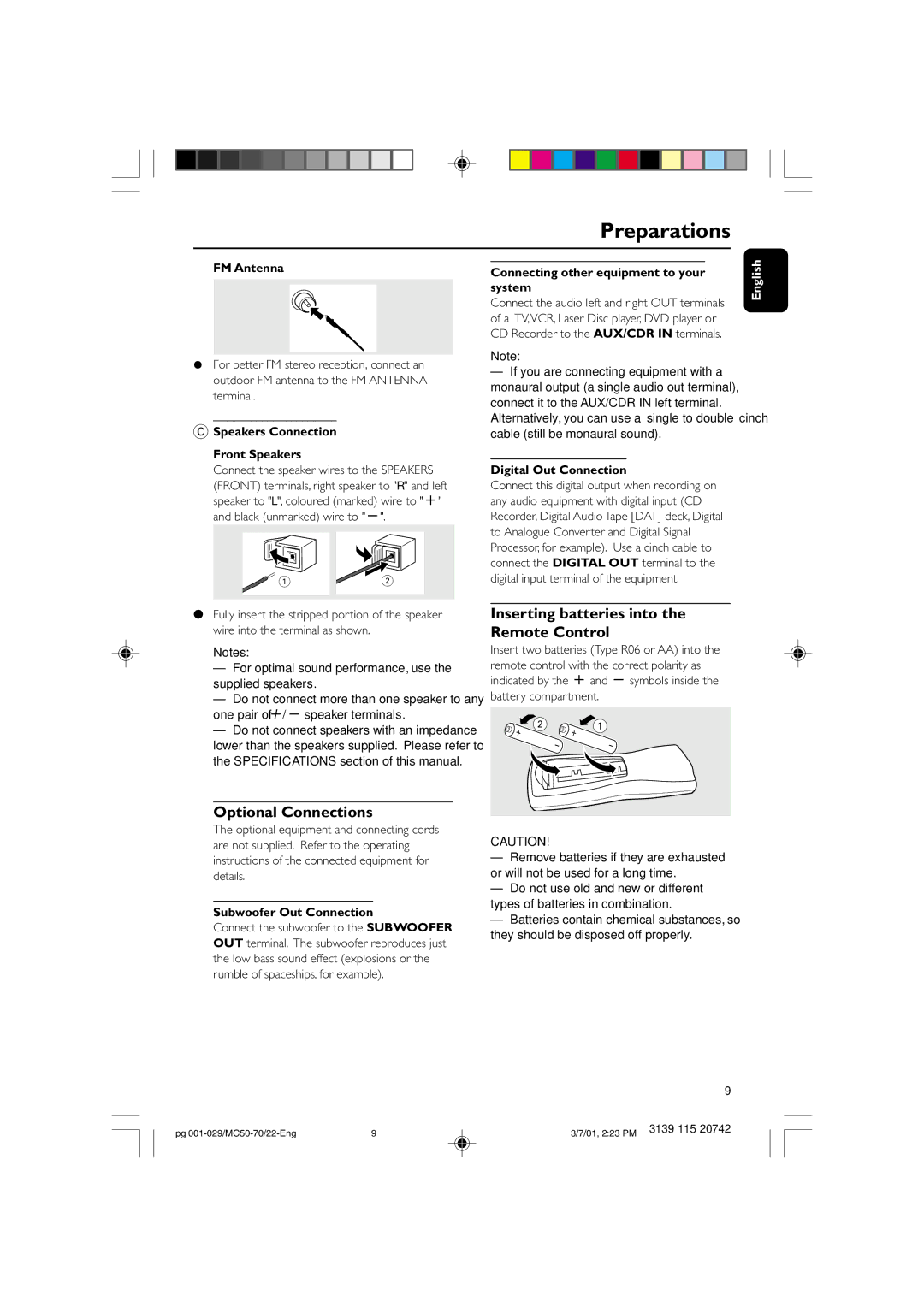 Philips MC-70 manual Optional Connections, Inserting batteries into the Remote Control 