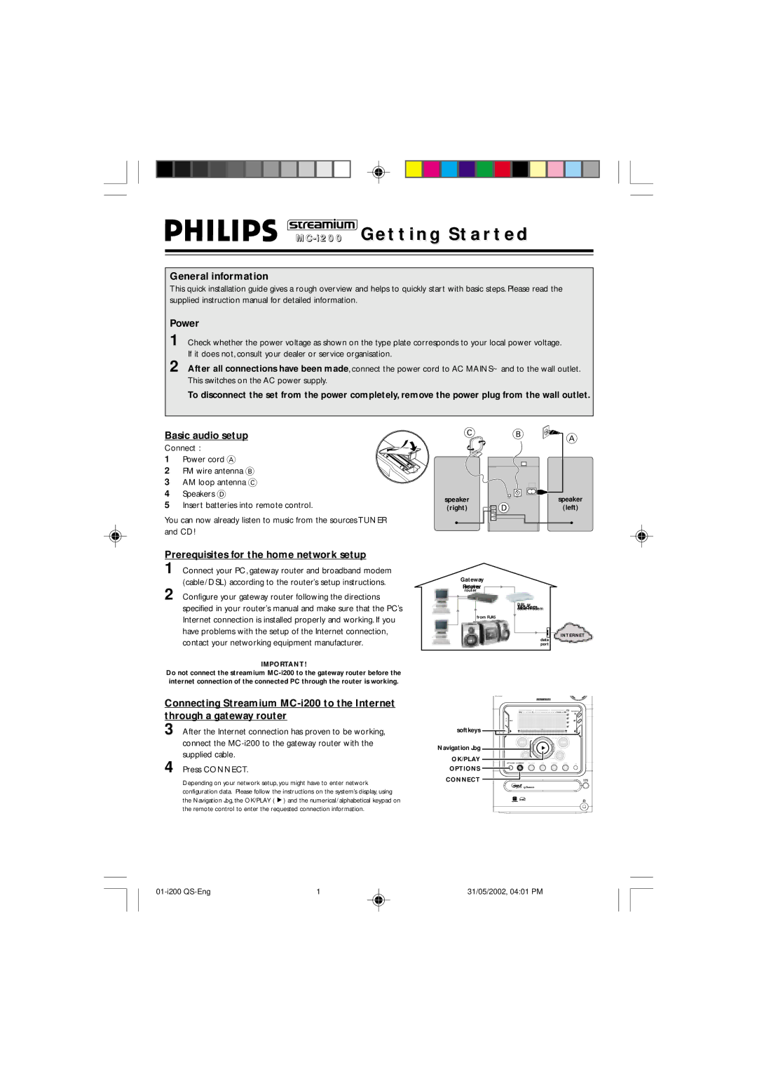 Philips MC-i200 instruction manual General information Power, Basic audio setup, Prerequisites for the home network setup 