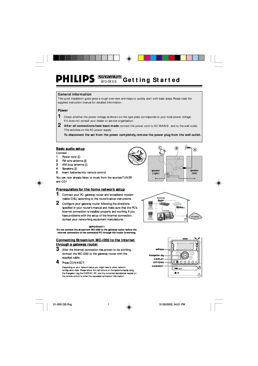 Philips MC-i200 instruction manual General information, Power, Basic audio setup, Prerequisites for the home network setup 