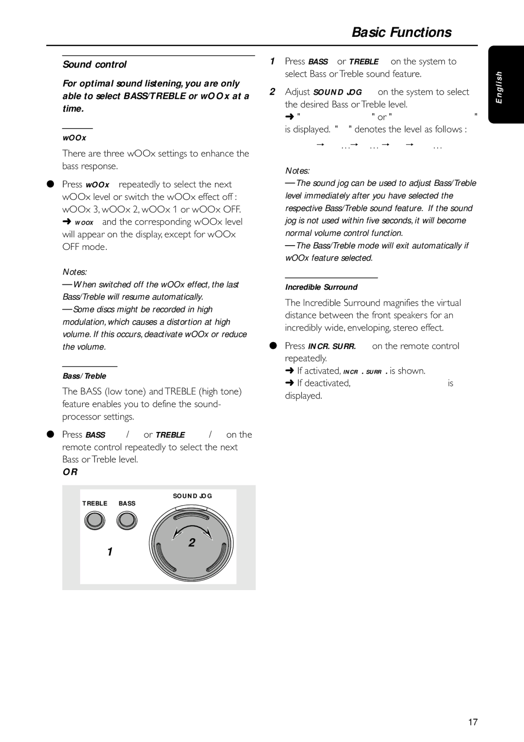 Philips MC-I200MC-I200 warranty Sound control, There are three wOOx settings to enhance the bass response, Bass/Treble 