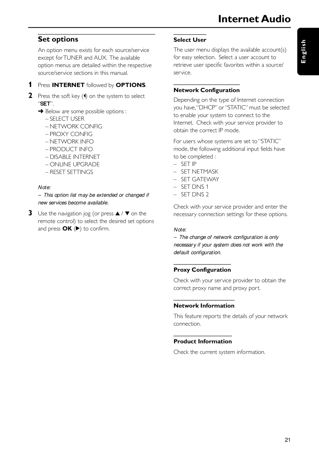 Philips MC-I200MC-I200 Set options, Network Configuration, Proxy Configuration, Network Information, Product Information 