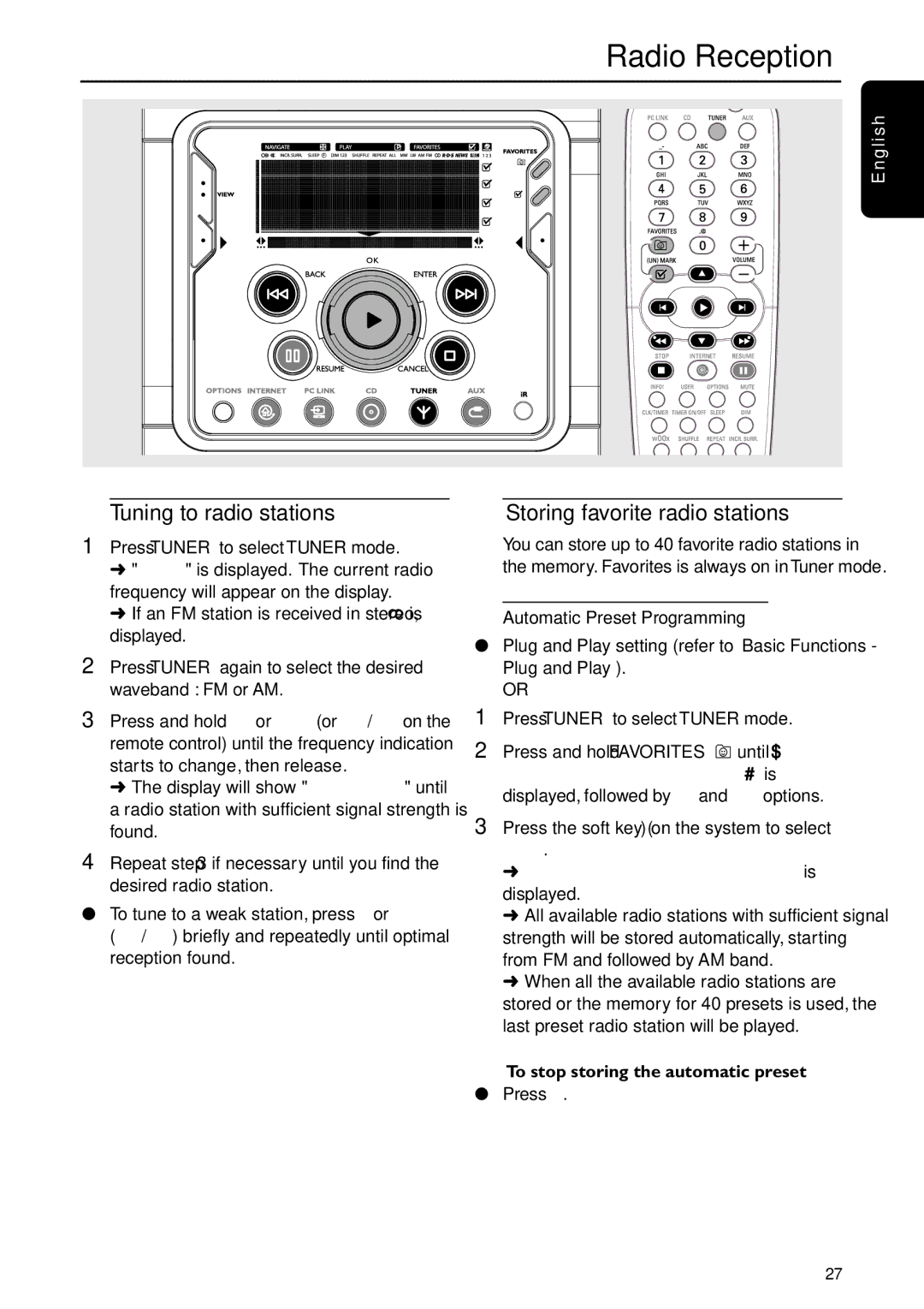 Philips MC-I200MC-I200 warranty Radio Reception, Tuning to radio stations, Storing favorite radio stations 