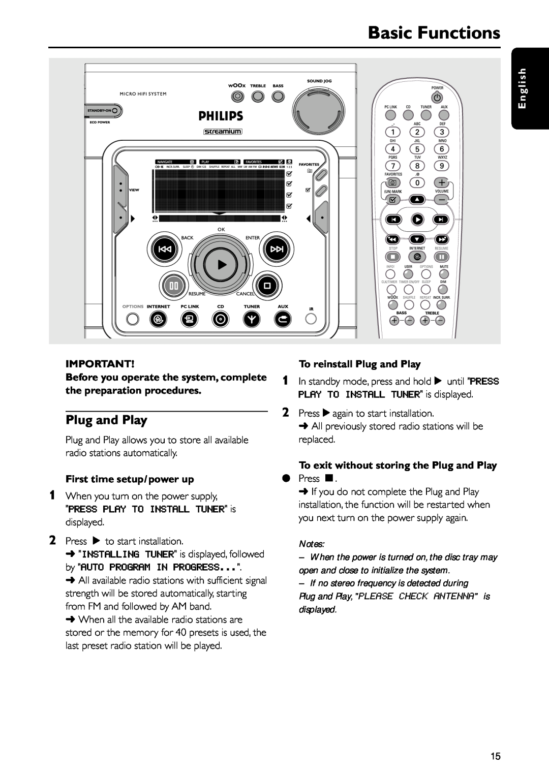 Philips MC-I200MC-I200 warranty Basic Functions, English, First time setup/power up, To reinstall Plug and Play 