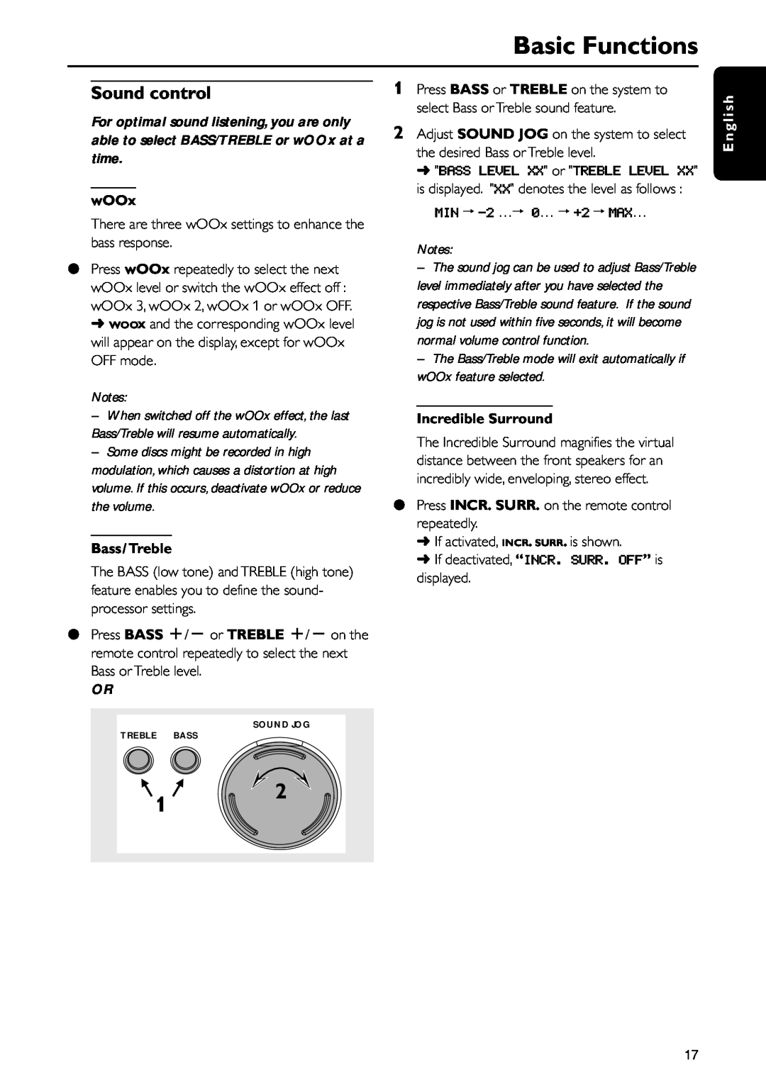 Philips MC-I200MC-I200 warranty Sound control, Basic Functions, wOOx, Bass/Treble, MIN -2 … 0… +2 MAX…, Incredible Surround 