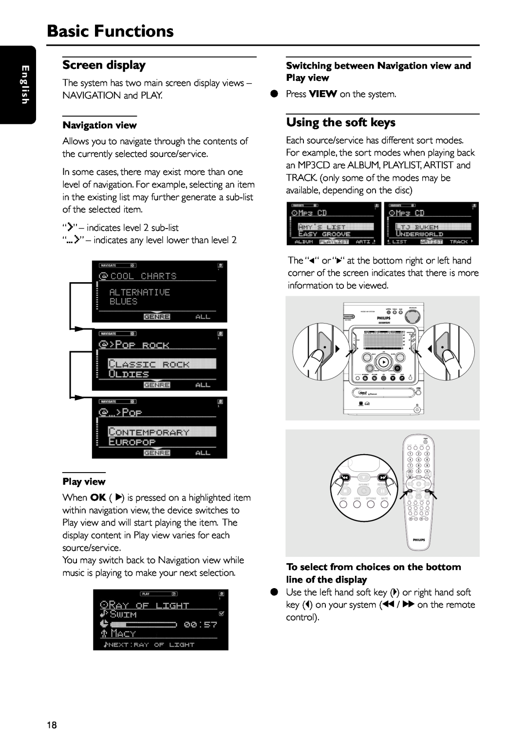 Philips MC-I200MC-I200 Screen display, Using the soft keys, Basic Functions, E n g l i s h, Navigation view, Play view 
