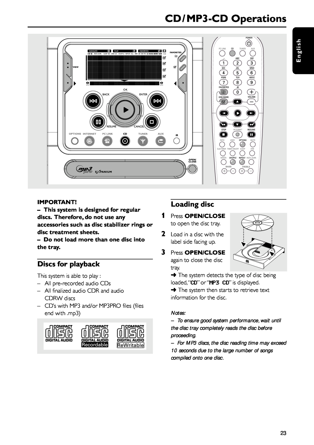 Philips MC-I200MC-I200 warranty CD/MP3-CDOperations, Discs for playback, Loading disc, English, Press OPEN/CLOSE 