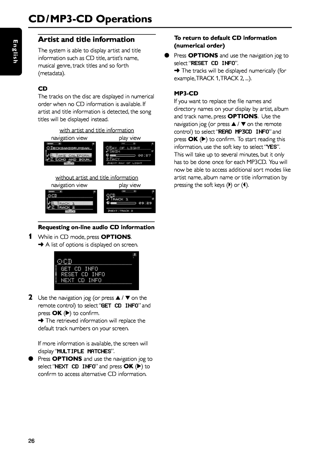 Philips MC-I200MC-I200 warranty Artist and title information, CD/MP3-CDOperations, E n g l i s h 