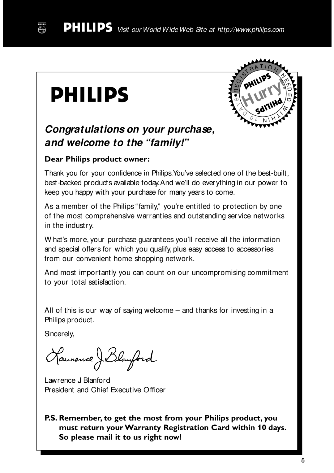 Philips MC-I200MC-I200 warranty Dear Philips product owner, Hurry 