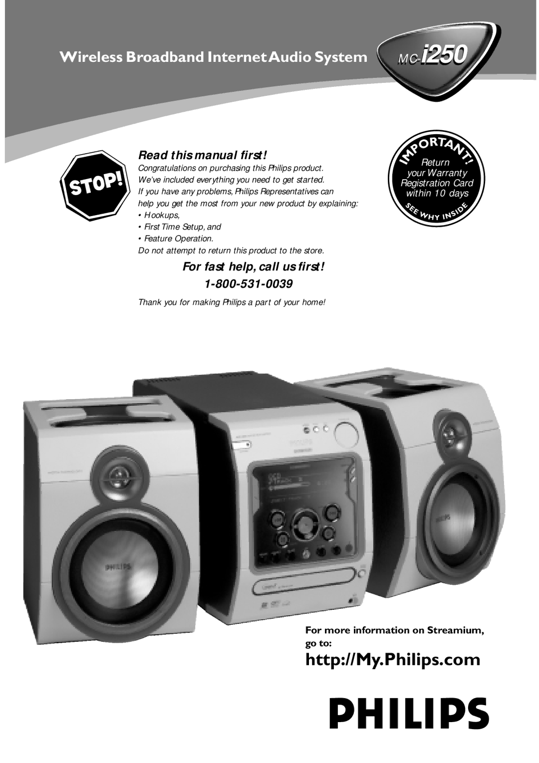 Philips MC-i250 warranty Http//My.Philips.com, For more information on Streamium, go to 