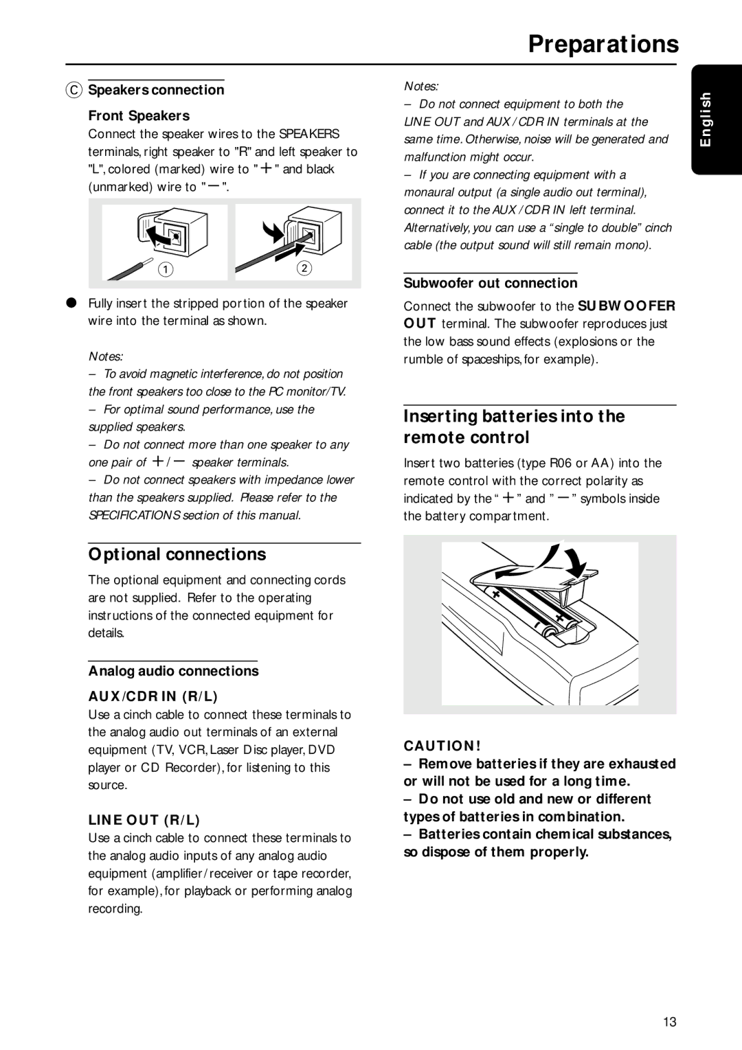 Philips MC-i250 warranty Inserting batteries into the remote control, Optional connections, AUX/CDR in R/L, Line OUT R/L 