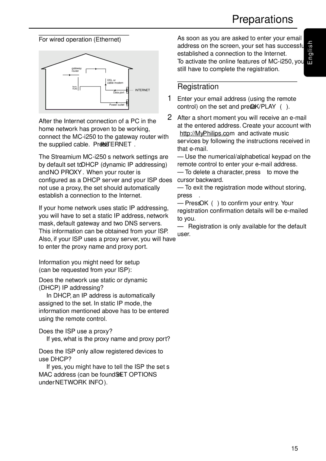 Philips MC-i250 warranty Registration, For wired operation Ethernet 