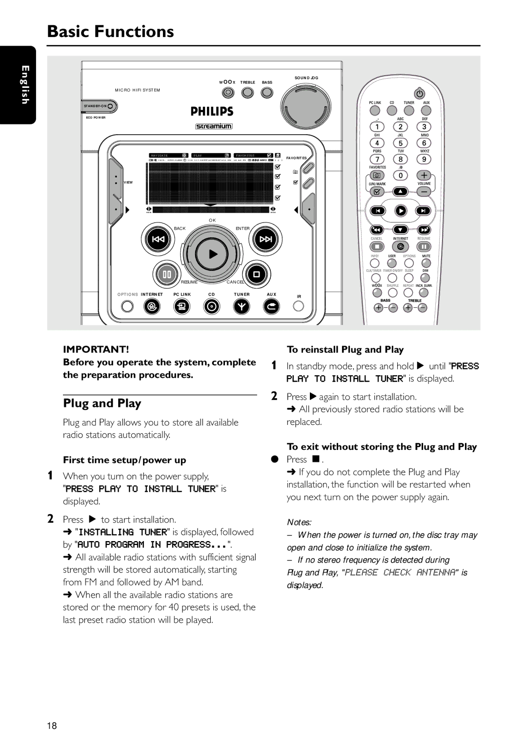 Philips MC-i250 warranty Basic Functions, First time setup/power up, To reinstall Plug and Play 