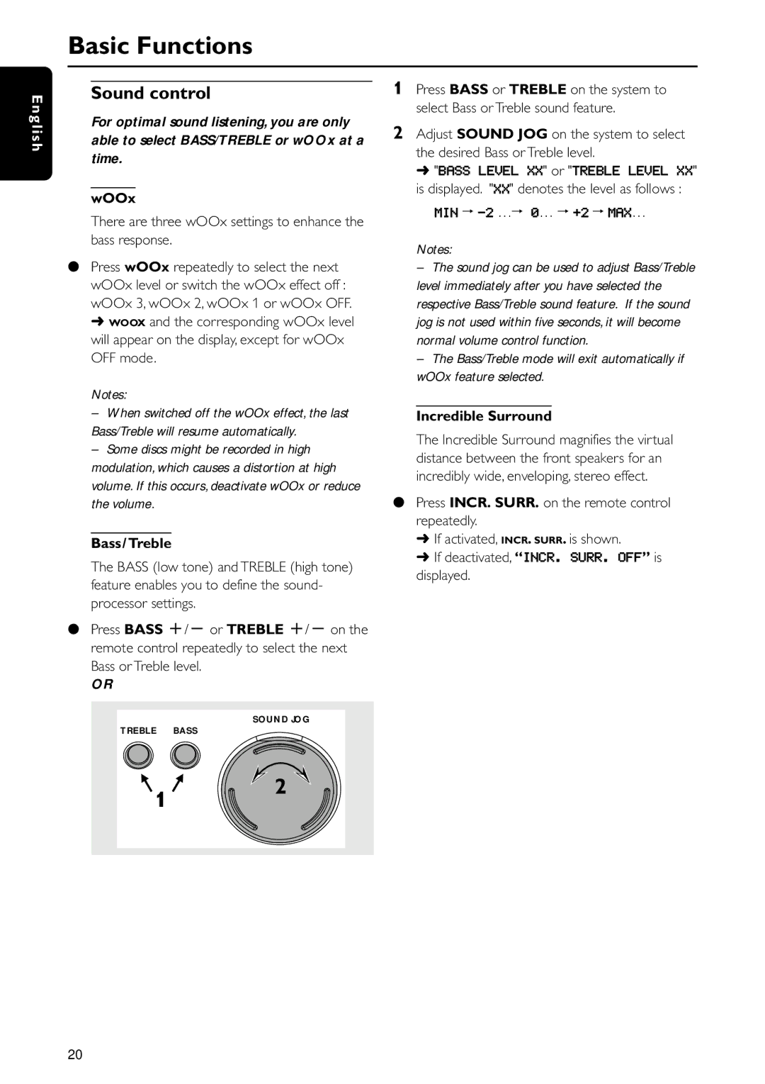 Philips MC-i250 warranty Sound control, There are three wOOx settings to enhance the bass response, Bass/Treble 