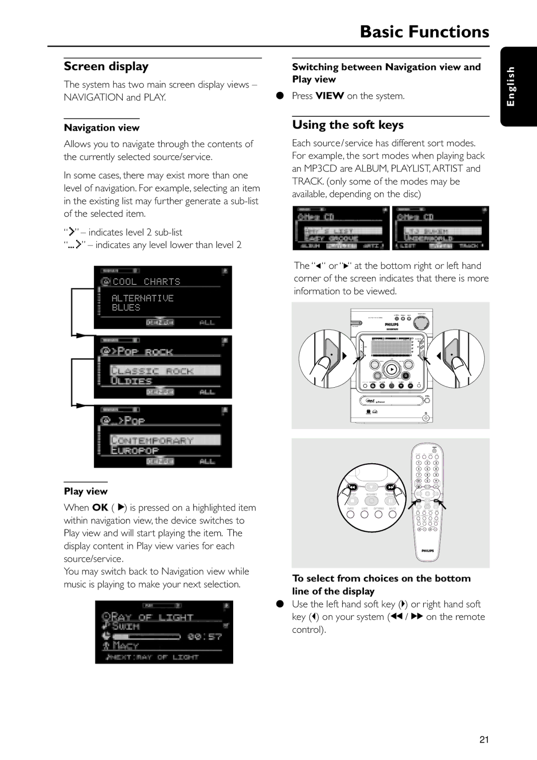 Philips MC-i250 warranty Screen display, Using the soft keys 