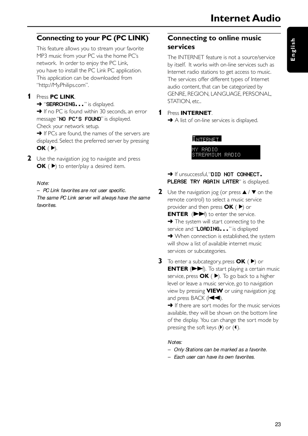 Philips MC-i250 warranty Internet Audio, Connecting to your PC PC Link, Connecting to online music services, Press Internet 