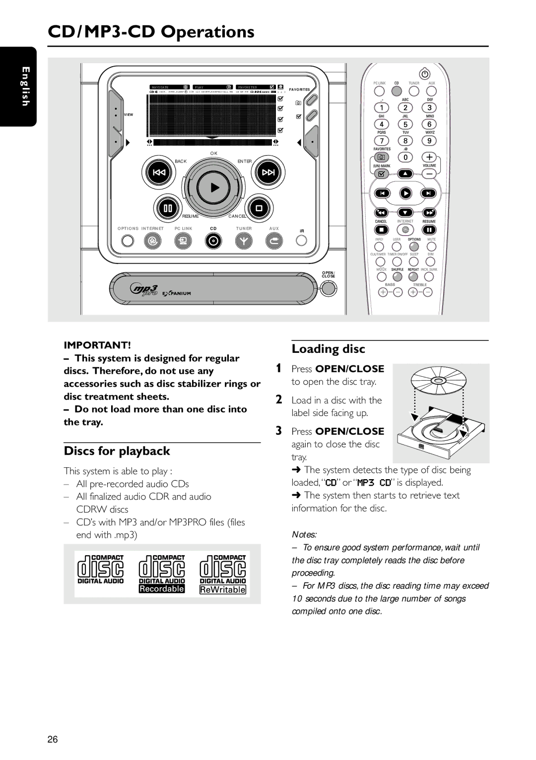 Philips MC-i250 warranty CD/MP3-CD Operations, Discs for playback, Loading disc 