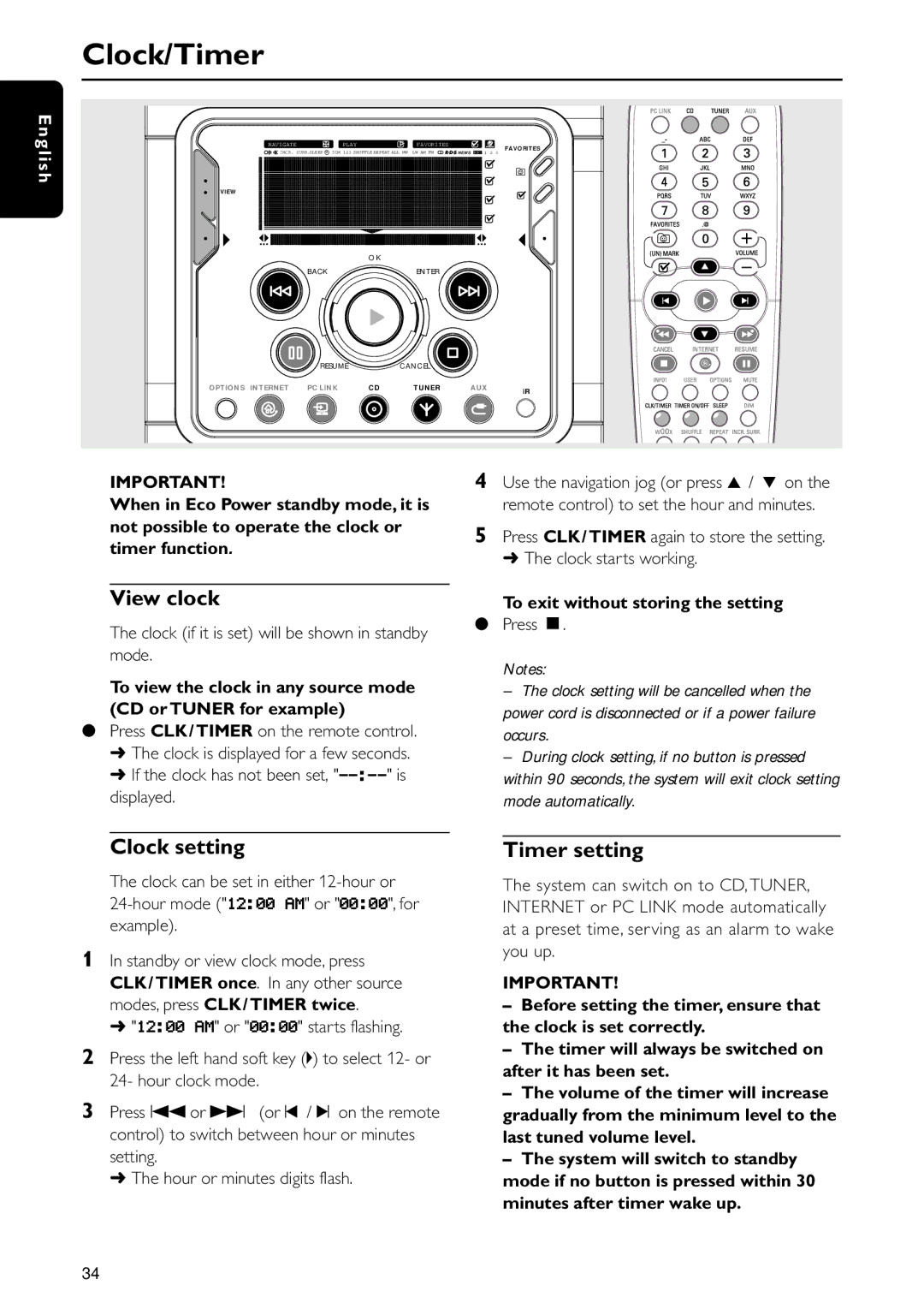 Philips MC-i250 warranty Clock/Timer, View clock, Clock setting, Timer setting 