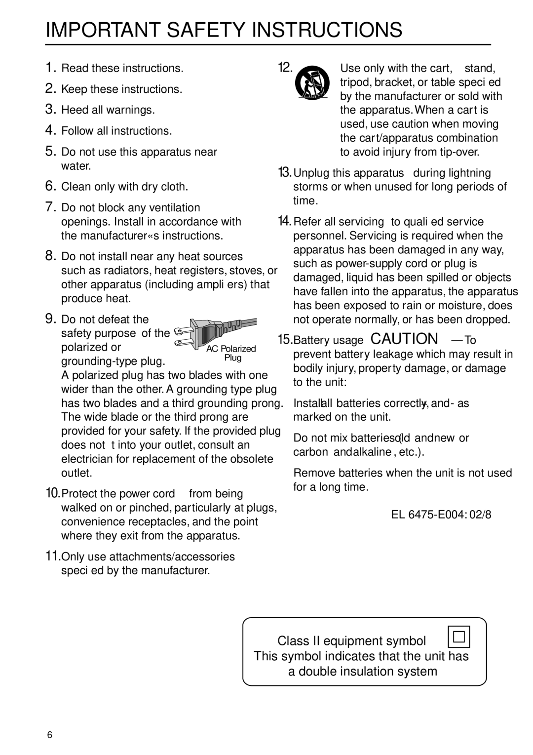 Philips MC-i250 warranty Important Safety Instructions, Class II equipment symbol 