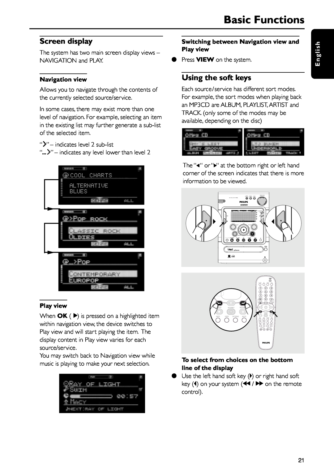 Philips MC-i250 Screen display, Using the soft keys, Basic Functions, Navigation view, Cool Charts Alternative Blues 