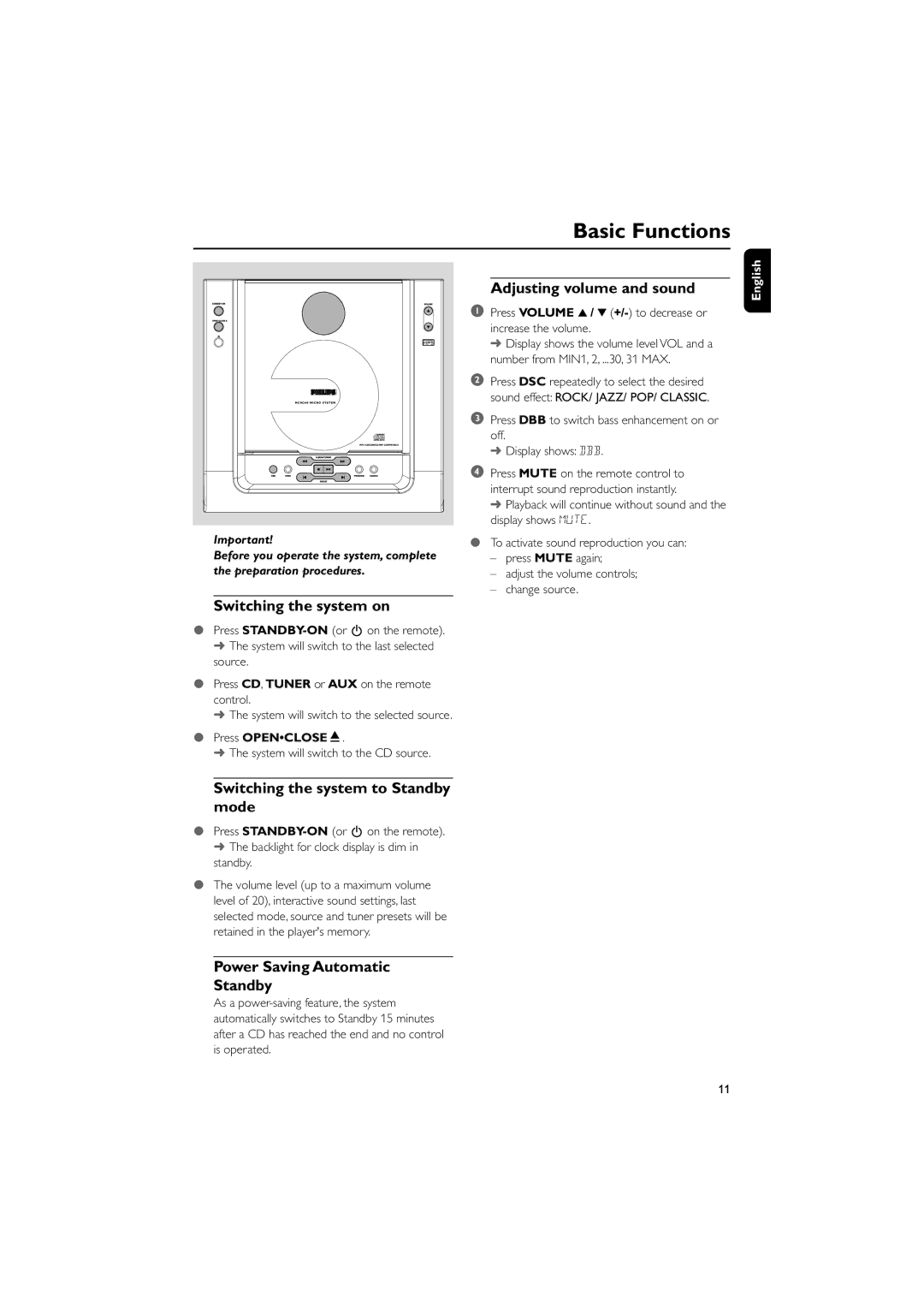 Philips MCM240/21 Basic Functions, Adjusting volume and sound, Switching the system on, Power Saving Automatic Standby 