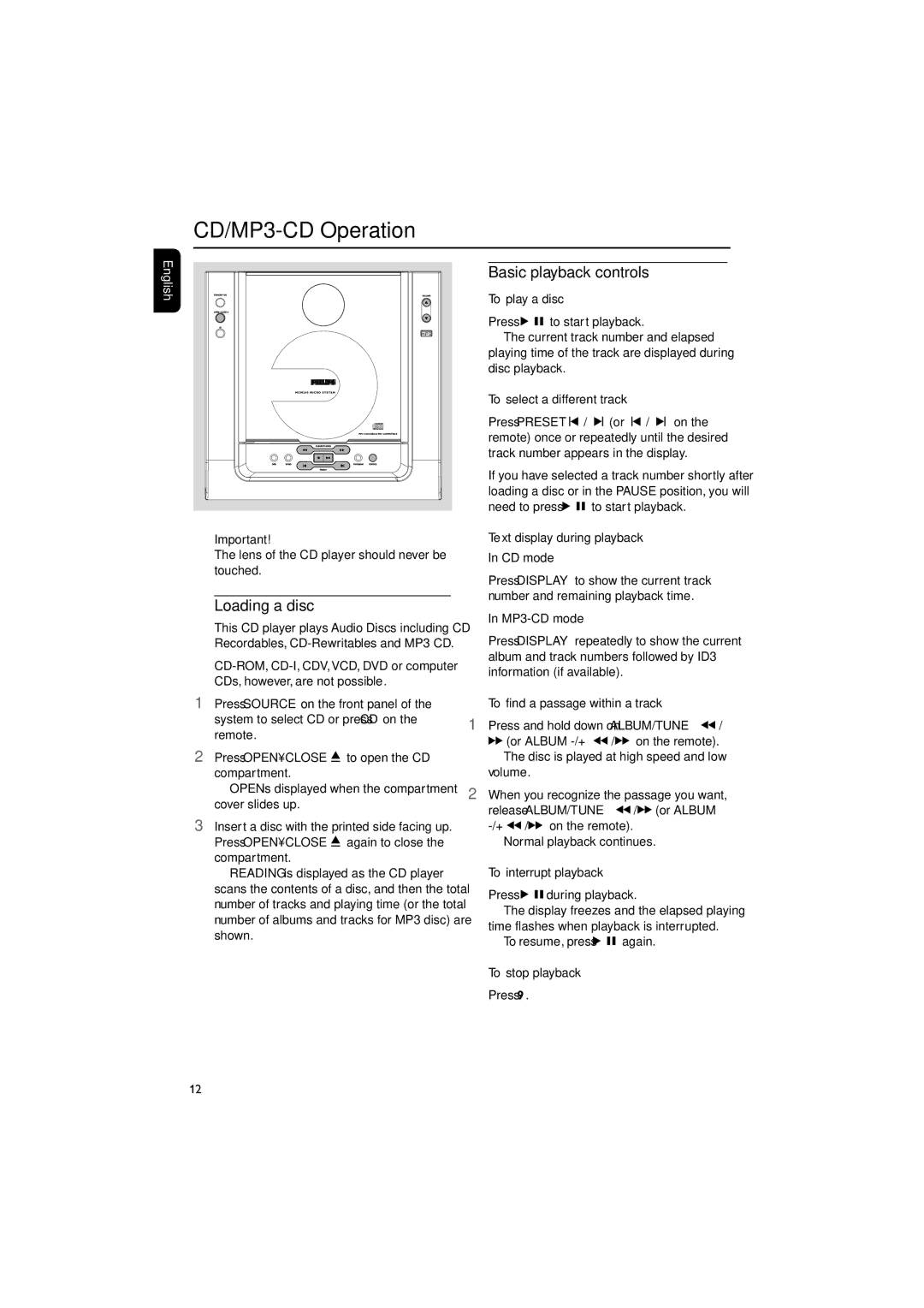 Philips MC M240, MCM240/21 manual CD/MP3-CD Operation, Loading a disc, Basic playback controls 