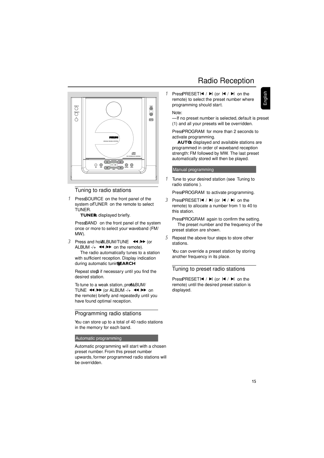 Philips MCM240/21 Radio Reception, Tuning to radio stations, Programming radio stations, Tuning to preset radio stations 