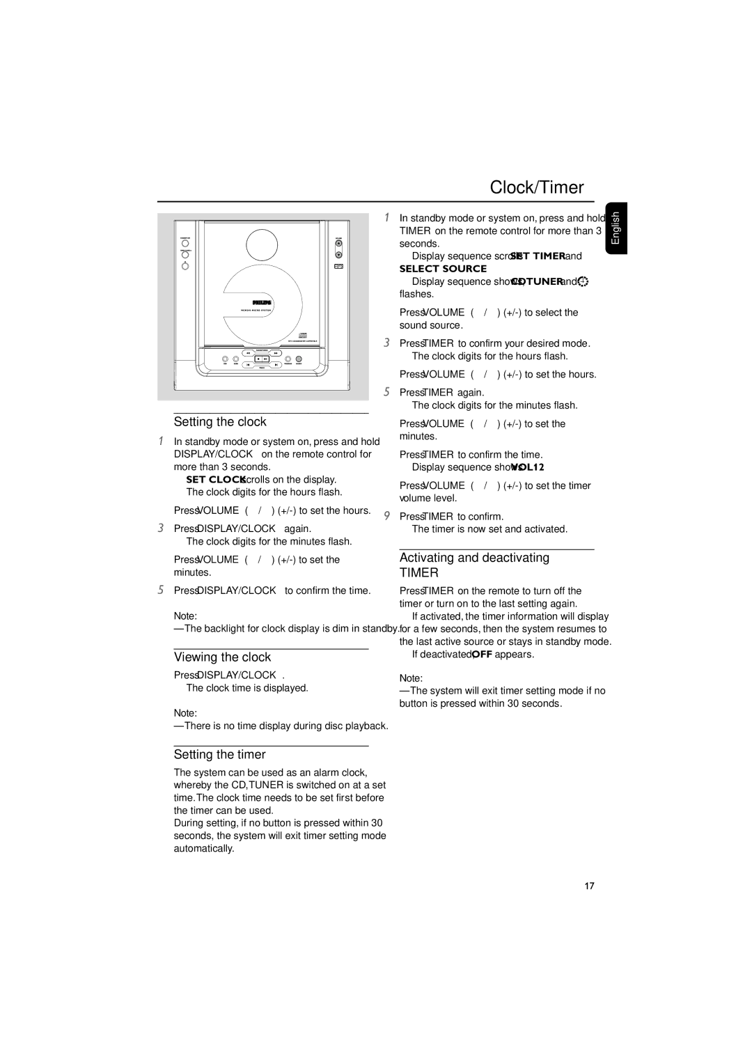 Philips MCM240/21 manual Clock/Timer, Setting the clock, Viewing the clock, Activating and deactivating, Setting the timer 