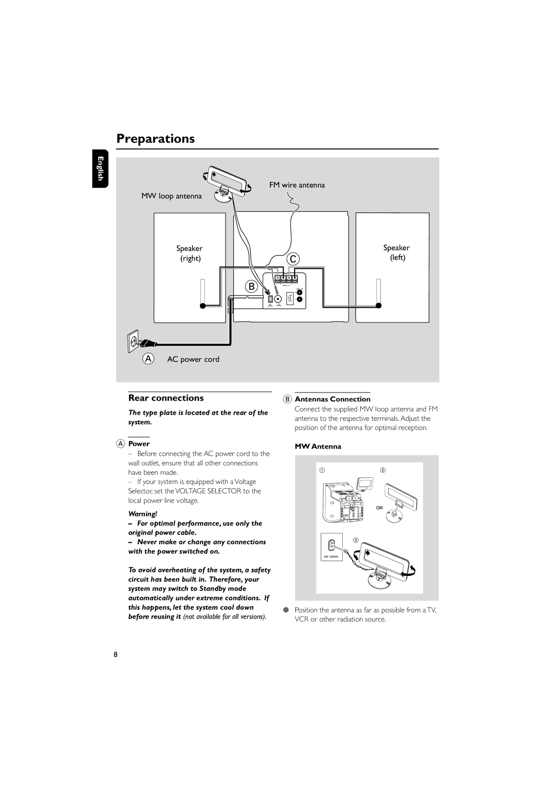 Philips MC M240, MCM240/21 manual Preparations, Rear connections, Antennas Connection, Power MW Antenna 