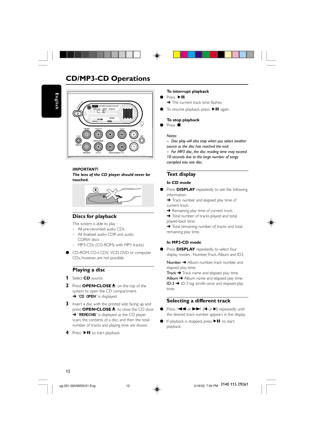 Philips MC-M250 manual CD/MP3-CD Operations, Discs for playback, Playing a disc, Text display, Selecting a different track 