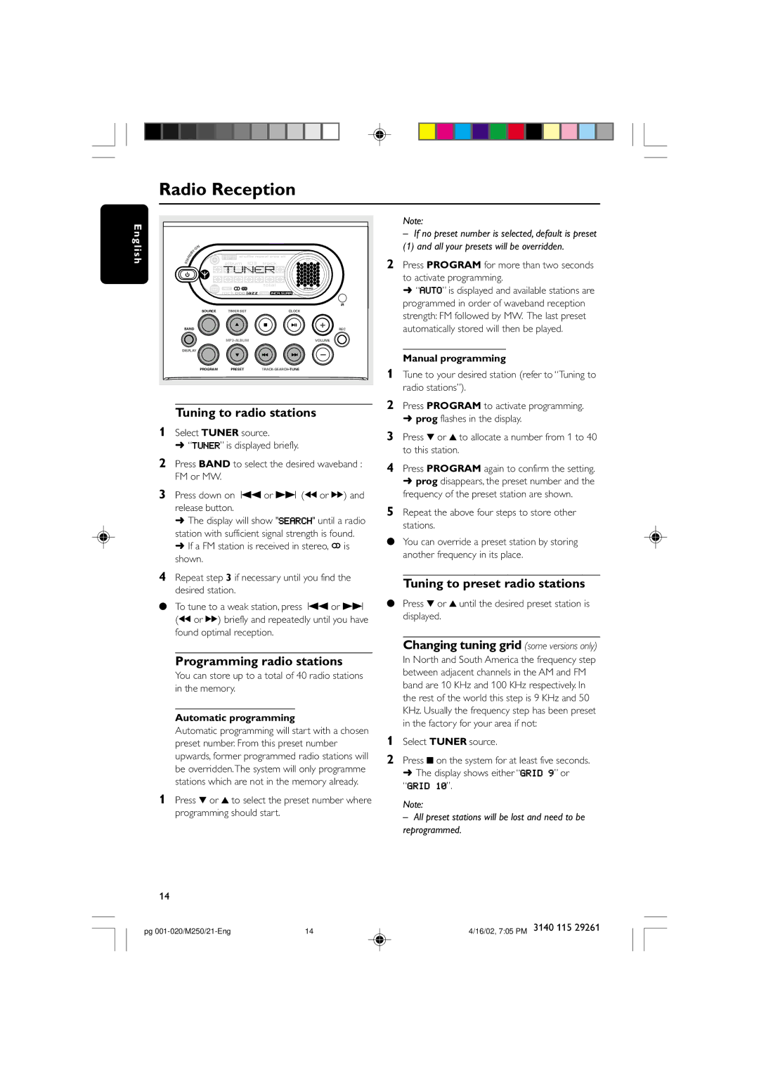 Philips MC-M250 Radio Reception, Tuning to radio stations, Programming radio stations, Tuning to preset radio stations 