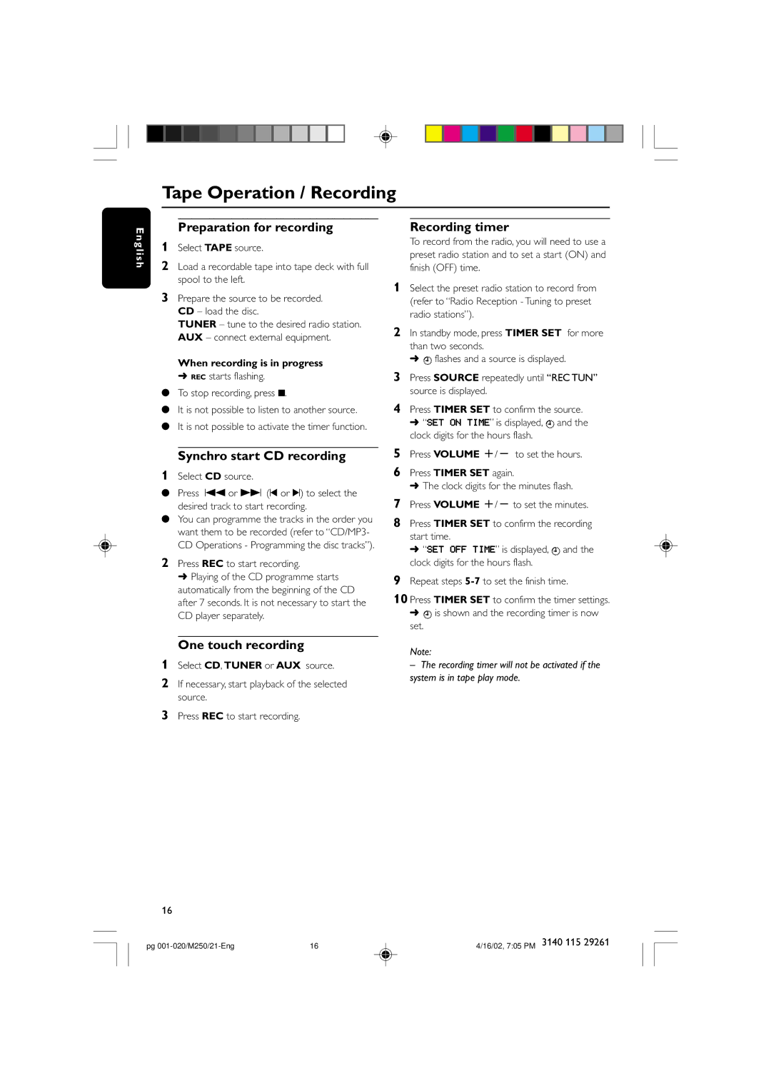 Philips MC-M250 manual Preparation for recording, Synchro start CD recording, One touch recording, Recording timer 