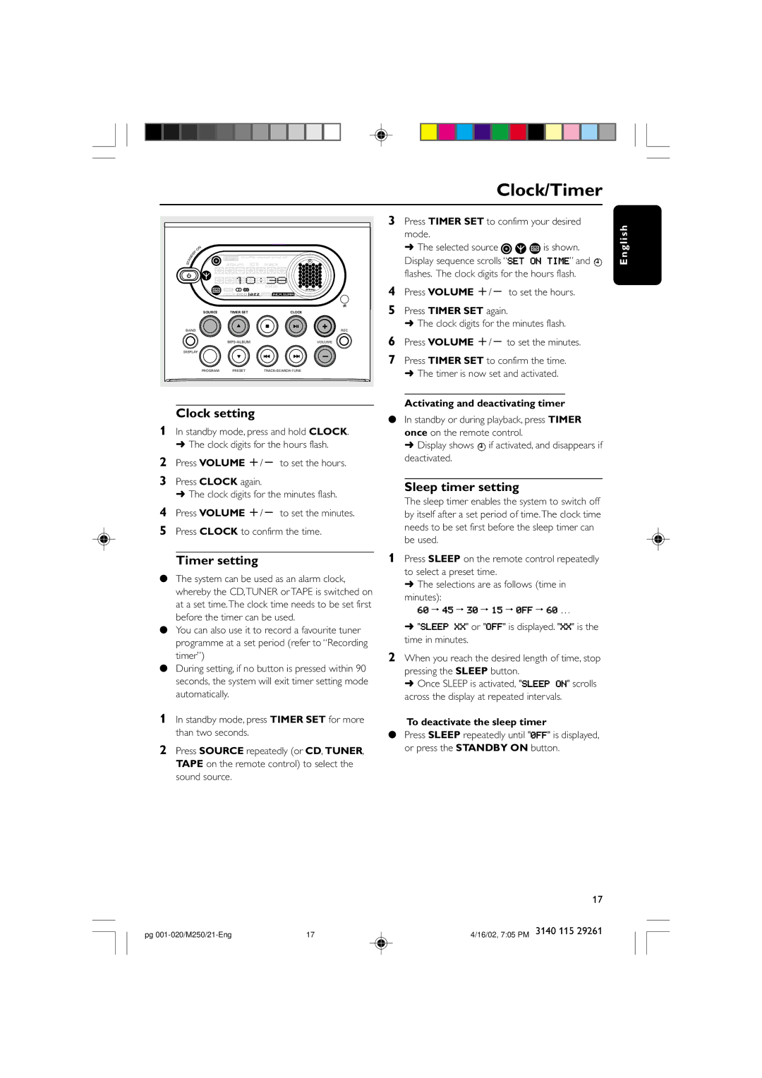 Philips MC-M250 manual Clock/Timer, Clock setting, Timer setting, Sleep timer setting 