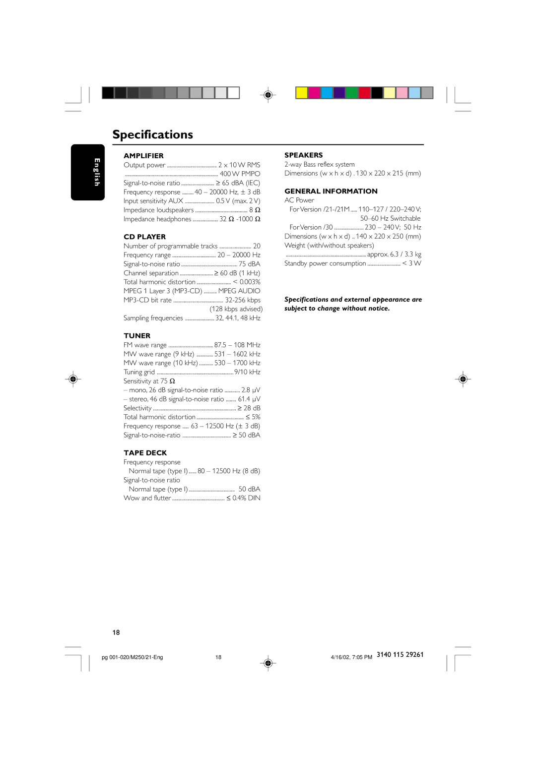 Philips MC-M250 manual Specifications 