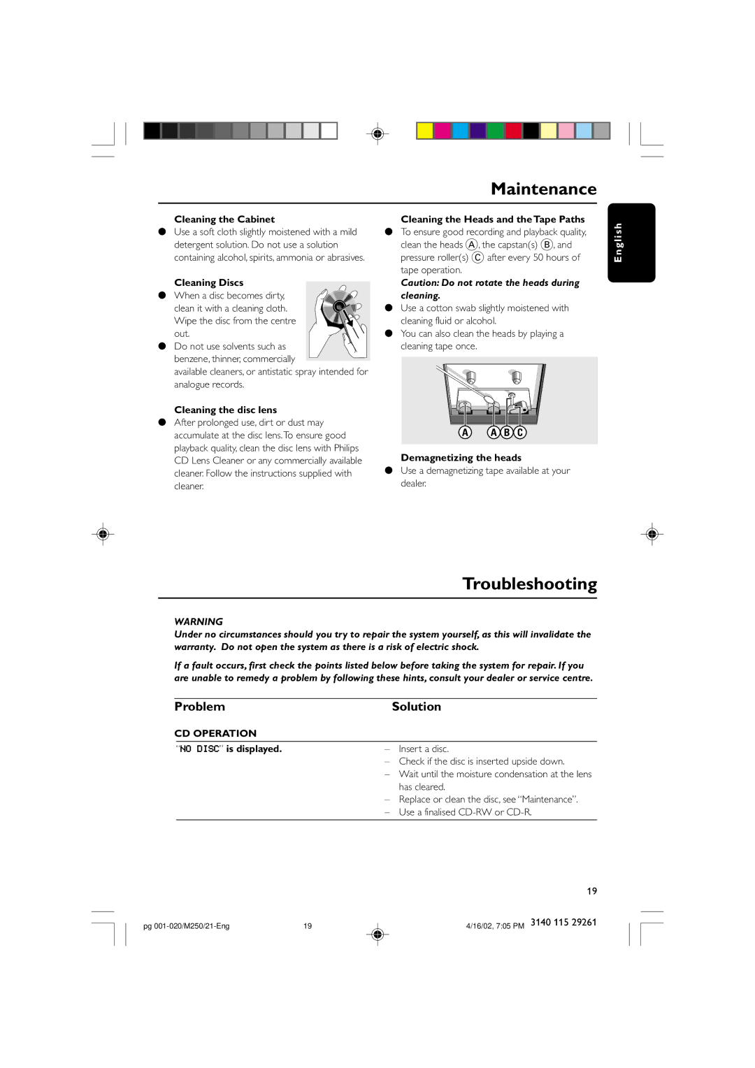 Philips MC-M250 manual Maintenance, Troubleshooting, Problem Solution, B C, CD Operation 