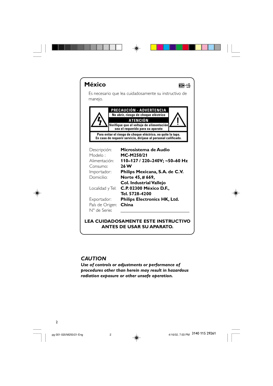 Philips MC-M250 manual México 