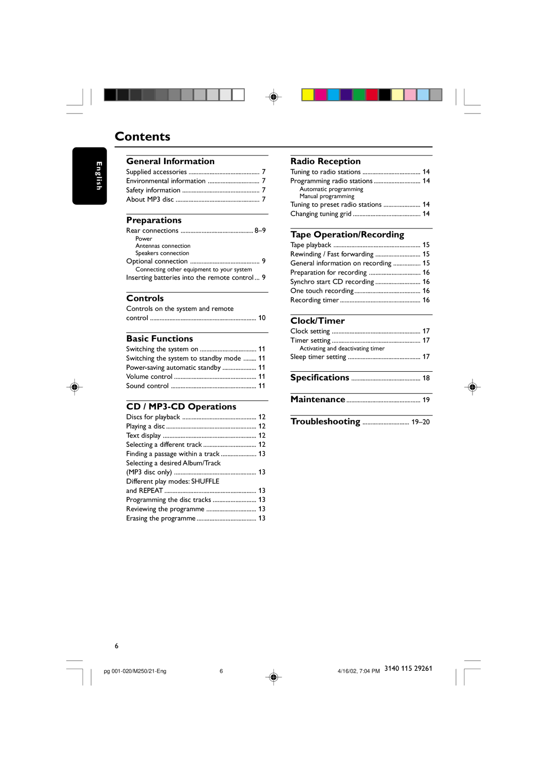 Philips MC-M250 manual Contents 