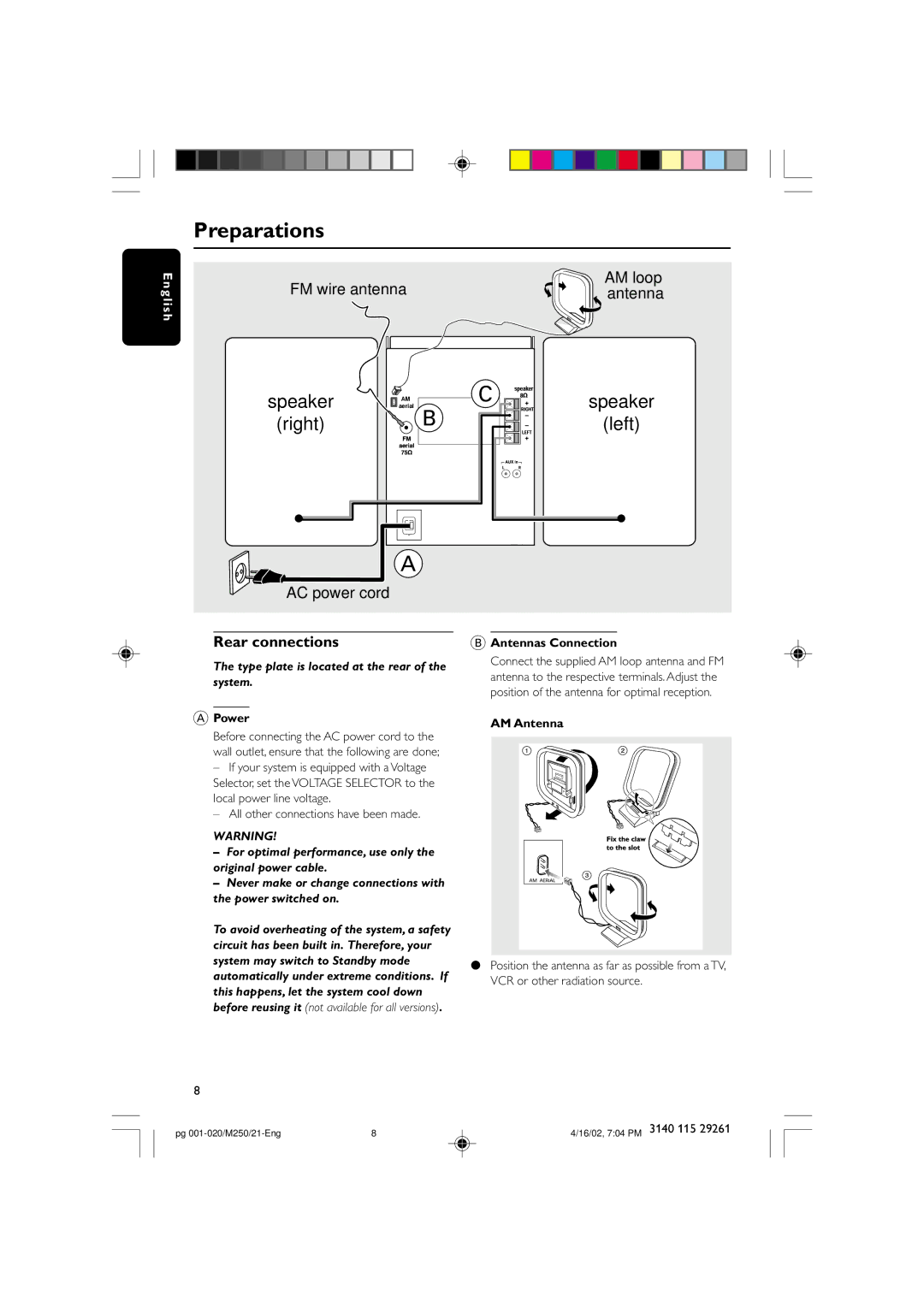 Philips MC-M250 manual Preparations, Rear connections, Antennas Connection, Power, AM Antenna 