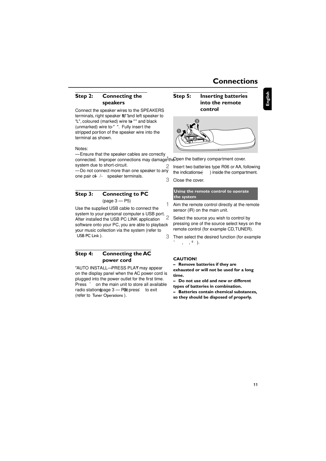 Philips MC M530 manual Connecting the speakers, Connecting to PC, Connecting the AC power cord 