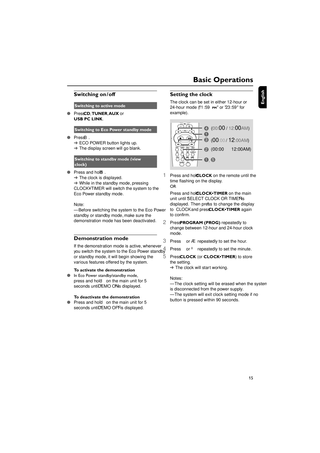 Philips MC M530 manual Basic Operations, Switching on/off, Setting the clock, Demonstration mode 