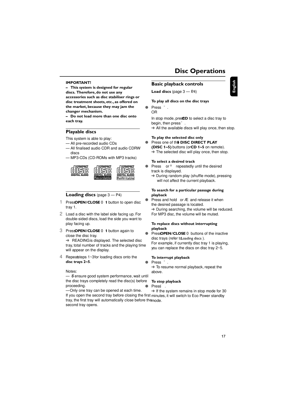 Philips MC M530 manual Disc Operations, Playable discs, Basic playback controls, Loading discs page 3 P4 