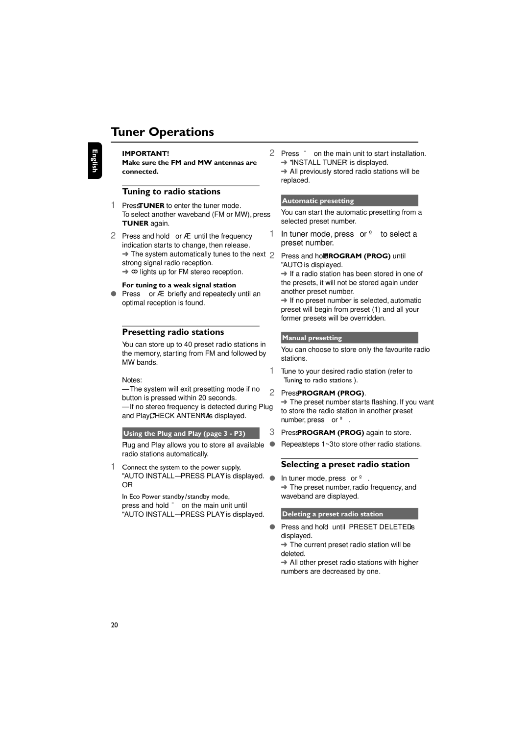 Philips MC M530 Tuner Operations, Tuning to radio stations, Presetting radio stations, Selecting a preset radio station 