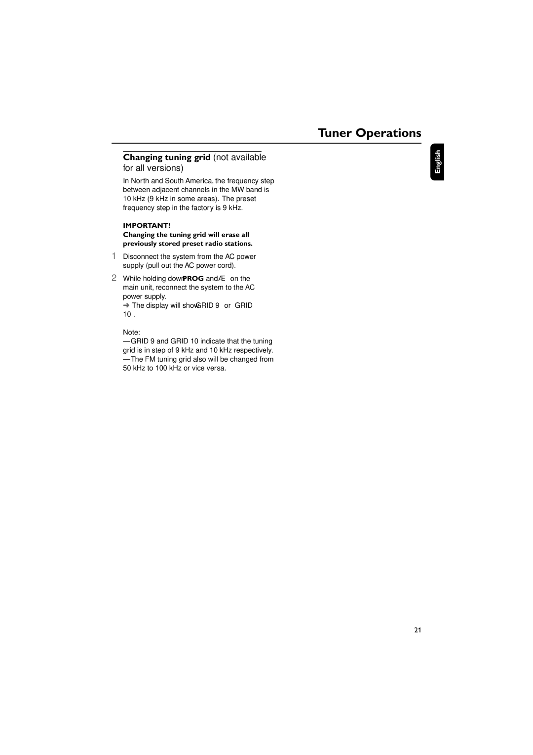 Philips MC M530 manual Changing tuning grid not available, For all versions 