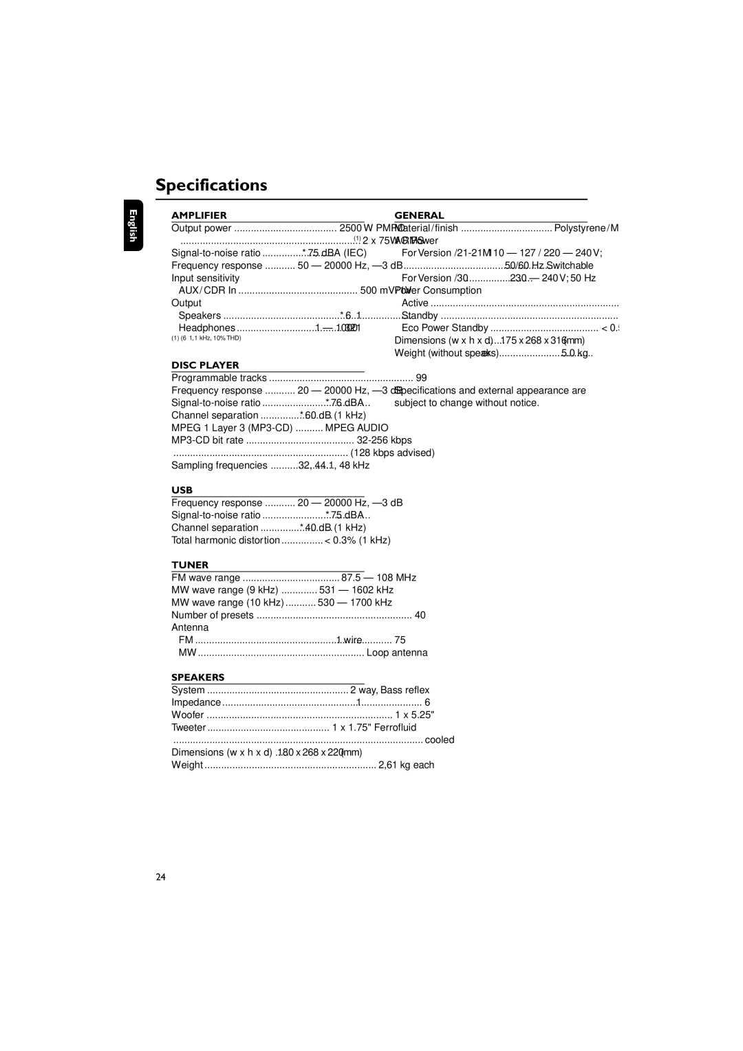 Philips MC M530 manual Specifications 